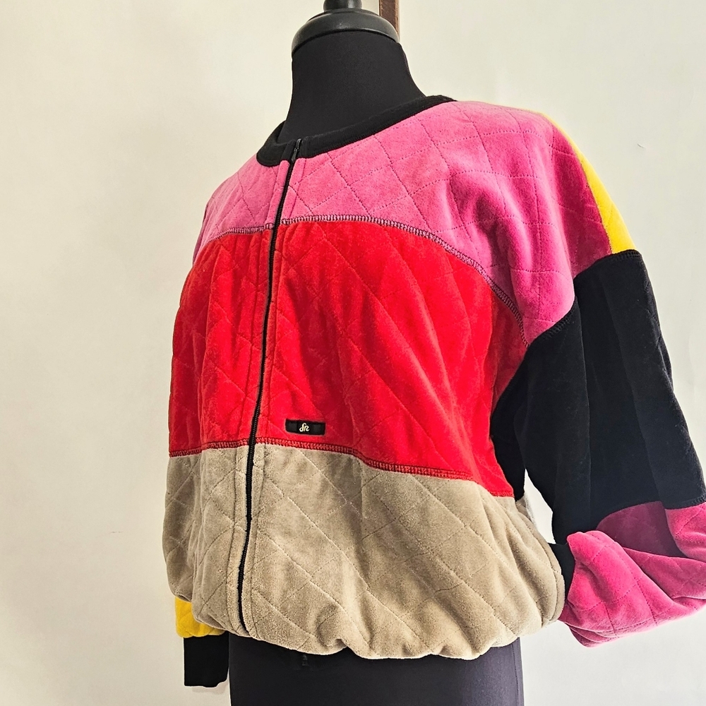 90's Sonia Rykiel Paris velvet quilt colorblock bomber zip front Vintage L